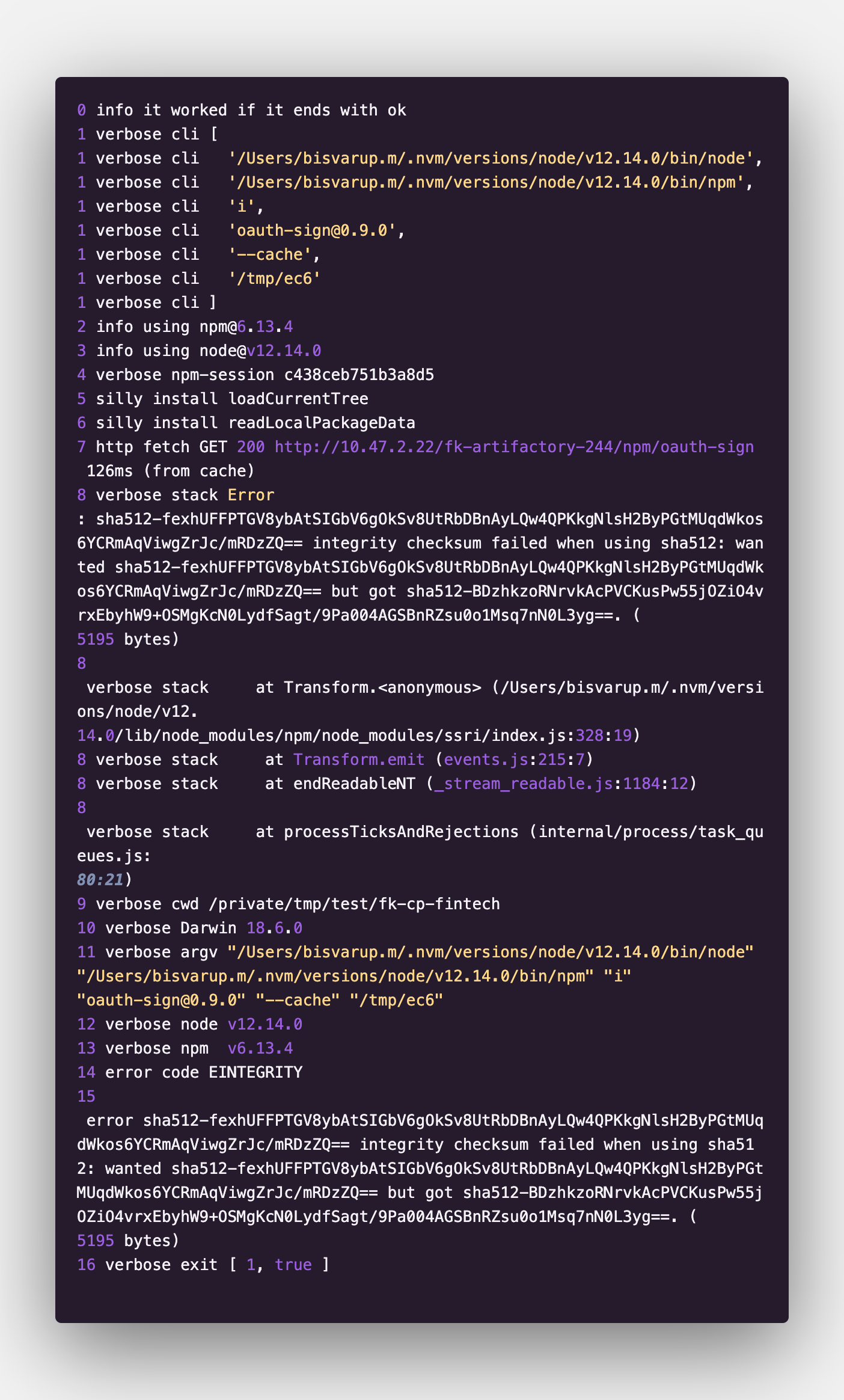 npm integrity, checksum and integrity error